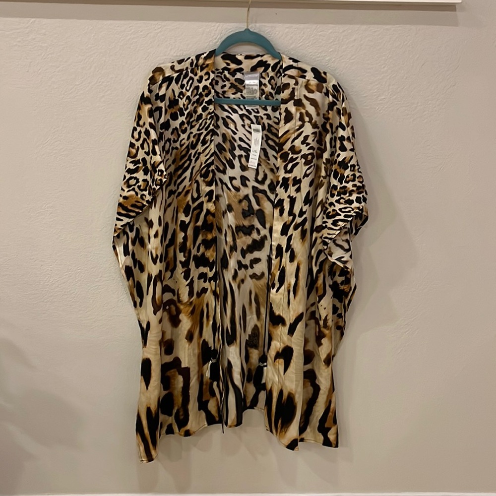 NWT chicos leopard print poncho / throw over with tassel closure